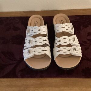 Clarks White Braided Slip-On Mules